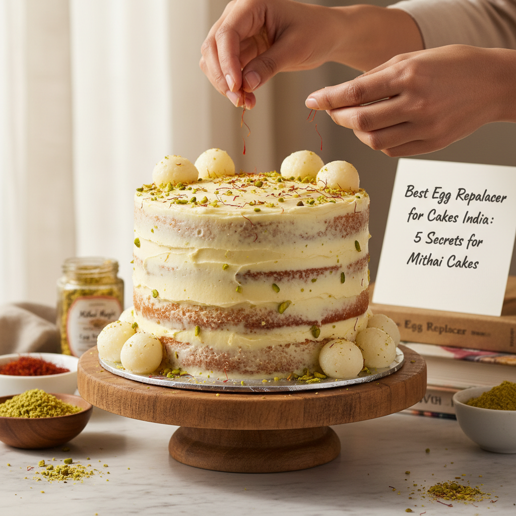A professional eggless Rasmalai cake being decorated with saffron and pistachios, showcasing the best egg replacer for cakes India.