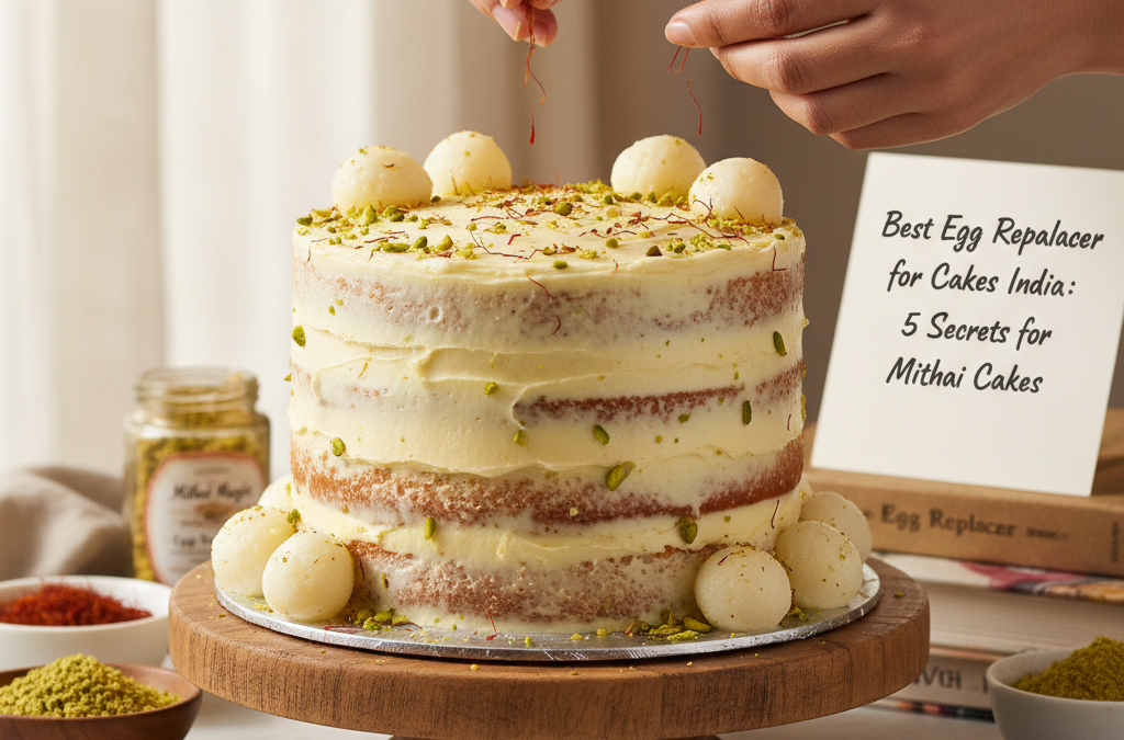 A professional eggless Rasmalai cake being decorated with saffron and pistachios, showcasing the best egg replacer for cakes India.