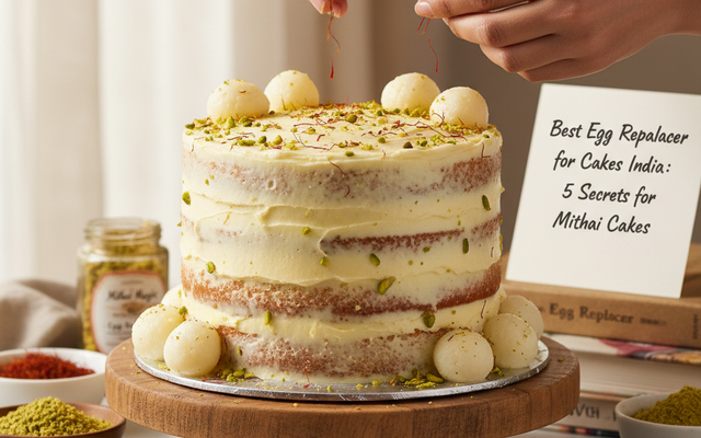 A professional eggless Rasmalai cake being decorated with saffron and pistachios, showcasing the best egg replacer for cakes India.