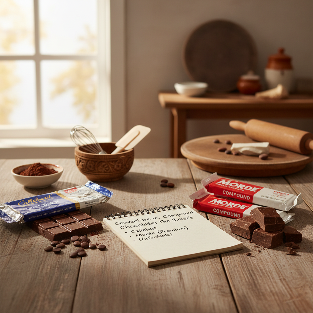 Comparison of premium Callebaut couverture chocolate and Morde compound chocolate bars for baking in an Indian kitchen setting