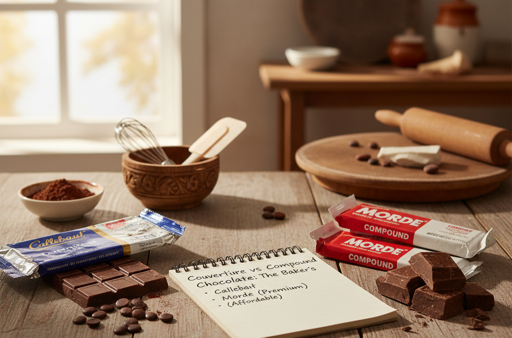 Comparison of premium Callebaut couverture chocolate and Morde compound chocolate bars for baking in an Indian kitchen setting