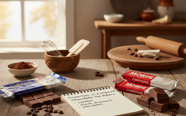Comparison of premium Callebaut couverture chocolate and Morde compound chocolate bars for baking in an Indian kitchen setting