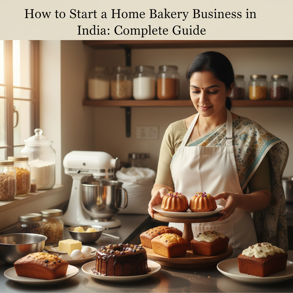 A professional home baker in India arranging freshly baked cakes with bulk baking ingredients in the background.