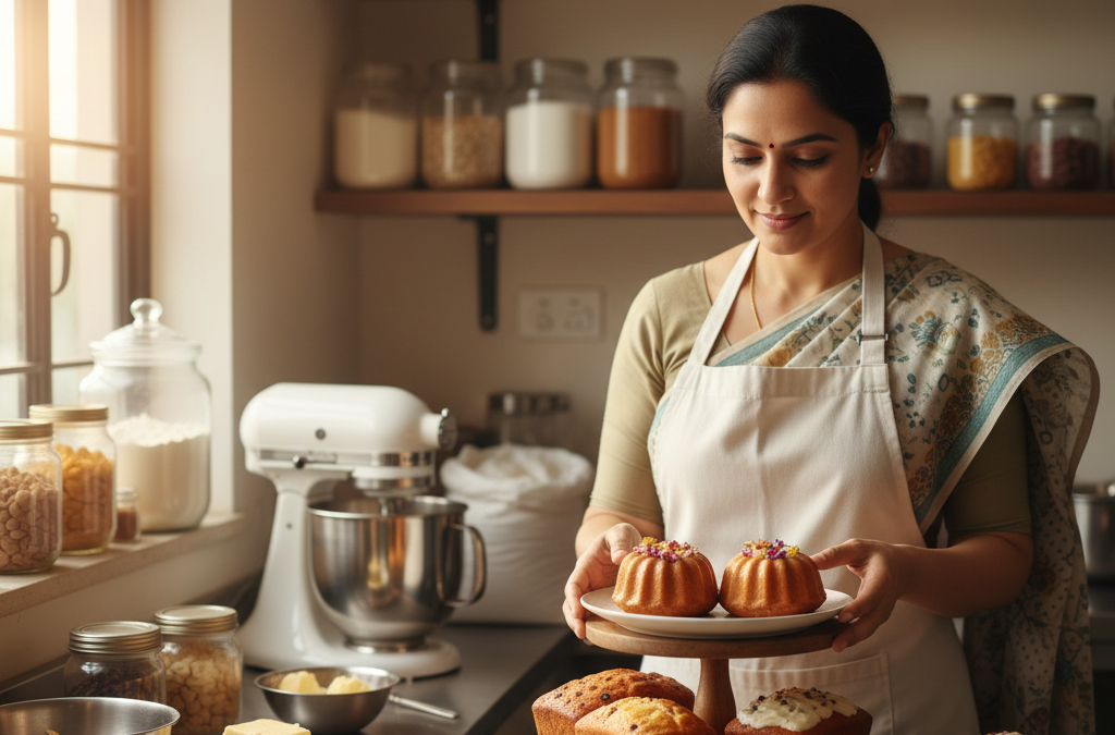 A professional home baker in India arranging freshly baked cakes with bulk baking ingredients in the background.