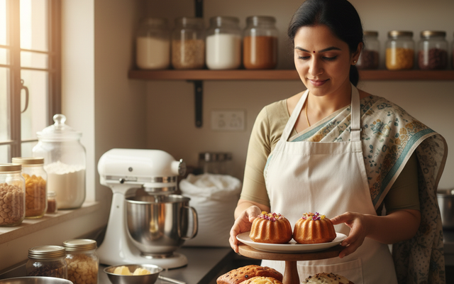 A professional home baker in India arranging freshly baked cakes with bulk baking ingredients in the background.